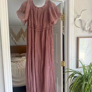 ASOS Maxi Dress Mauve crinkle modest flutter sleeves bardot off shoulder